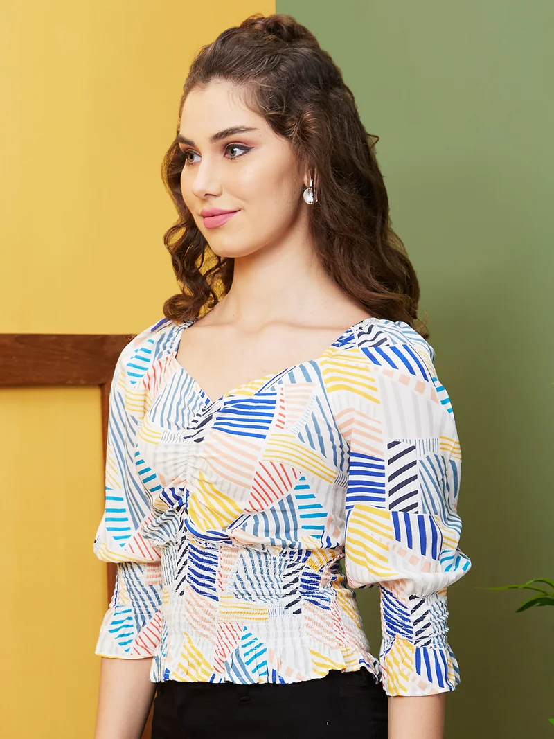 globus Women Blue & Yellow Abstract Printed Sweetheart Neck Puff Sleeve Opaque Casual Top