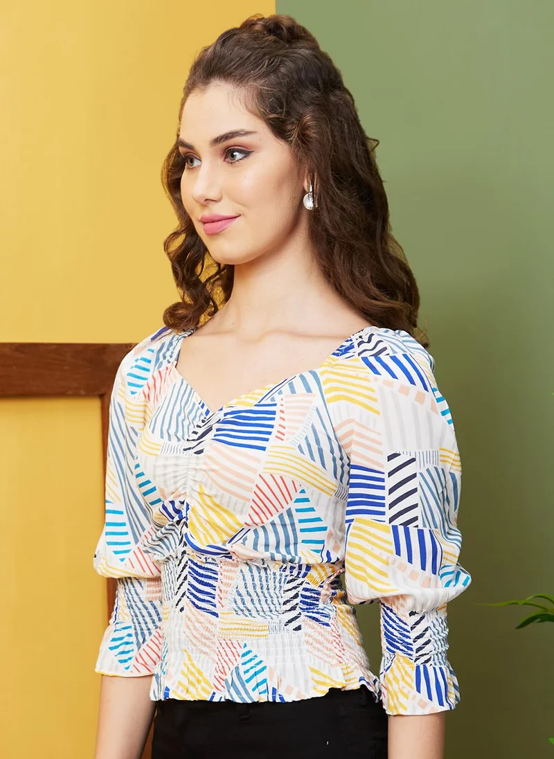 globus Globus Women Blue & Yellow Abstract Printed Sweetheart Neck Puff Sleeve Opaque Casual Top