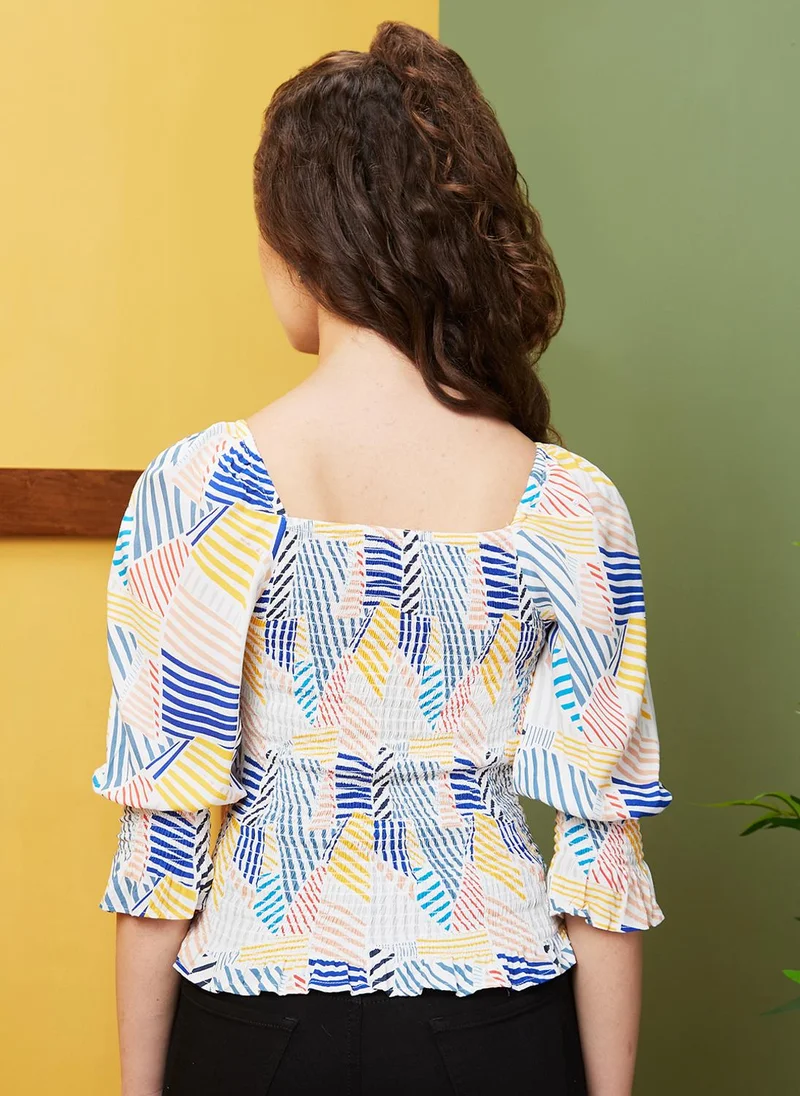 globus Globus Women Blue & Yellow Abstract Printed Sweetheart Neck Puff Sleeve Opaque Casual Top