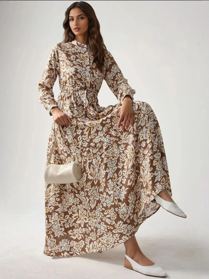 زوبعة فستان ماكسي مطبوع بياقة قميص