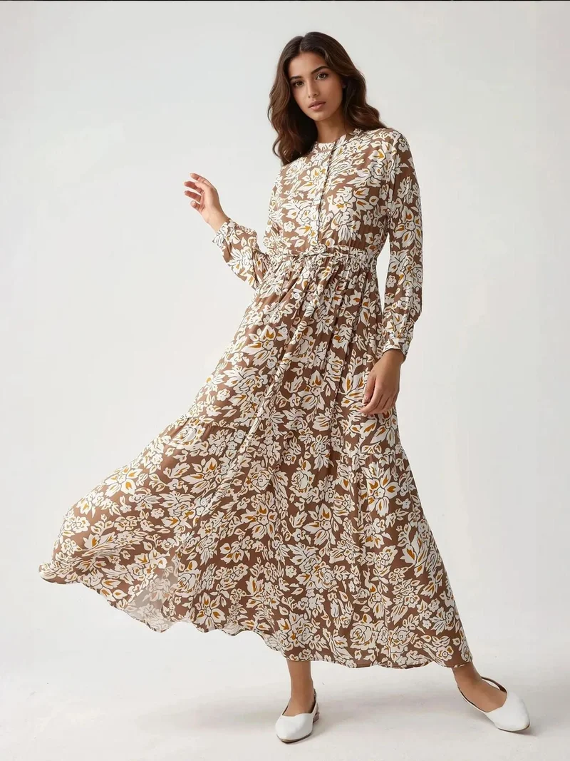 زوبعة فستان ماكسي مطبوع بياقة قميص