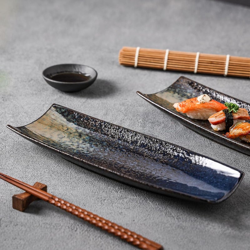 Uaral Sushi Plates125 Inches Teppanyaki Plate Sashimi PlatesCeramic Long Serving Tray for DinnerPartiesAppetizerSet of 2Nebula Blue - Image 2
