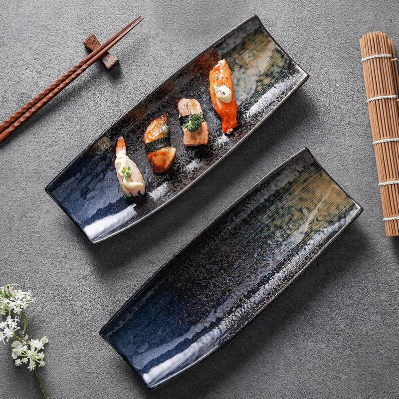 Uaral Sushi Plates125 Inches Teppanyaki Plate Sashimi PlatesCeramic Long Serving Tray for DinnerPartiesAppetizerSet of 2Nebula Blue - Image 3