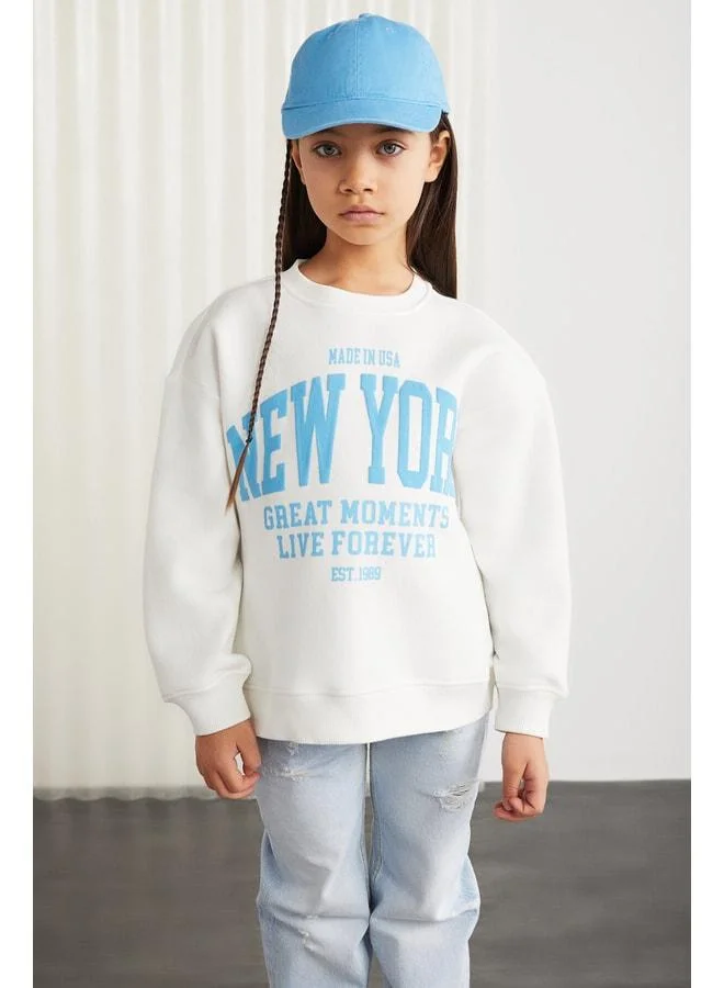 Grimelange HERMIA Girls' Knit Polo Collar Long Sleeve Ecru Sweatshirt.