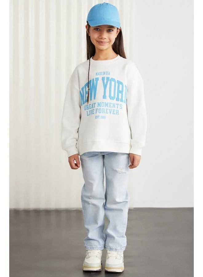 Grimelange HERMIA Girls' Knit Polo Collar Long Sleeve Ecru Sweatshirt.