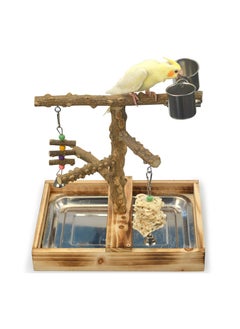 XICEN Large thick pepper wood game bird stand,Bird Cage Accessories, Bird Perches, with Removable Tray and 2 Stainless Steel Cups  - Image 1