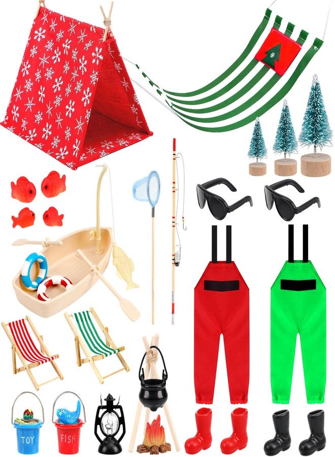 Zenoble 26 Pcs Christmas Elf Accessories Doll Fishing Accessories Include Fishing Outfit Clothes Boat Camping Tent Accessories for Xmas Gift Dollhouse Props Decor - Image 1