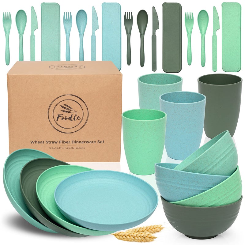 FOODLE Wheat Straw Dinnerware Set  BPA Free  Safety Tested  Microwave  Dishwasher Safe Dishes  Perfect for Camping Picnic RV Dorm  Plates Cups and Bowls  Great for Kids  Adults  For 4