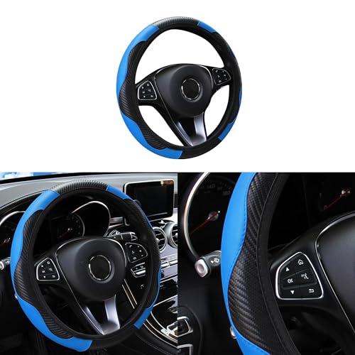 Couslcd Car Steering Wheel Cover 15 inch Carbon Fiber Microfiber PU Leather Elastic Steering Wheel Protector for Men Women AntiSlip Breathable Car Interior Accessories for Most Cars Blue - Image 1