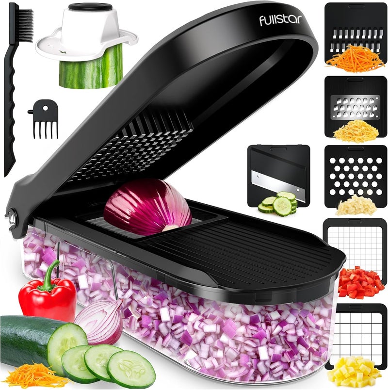 Fullstar Mandoline Slicer for Kitchen Vegetable Chopper Onion Potato Food Veggie Fruit Slicer and Cutter with Container Kitchen Gadgets Gifts Home Essentials 6in1 Black