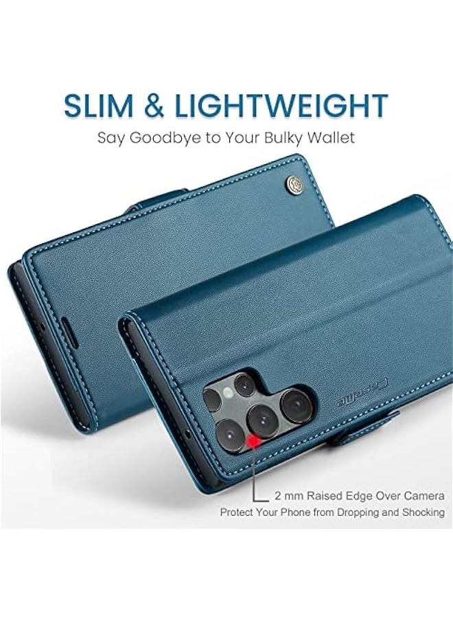 Generic - Samsung S23 Ultra Wallet Case - RFID Blocking, Card Holder, Magnetic Clasp, Kickstand - Blue - Image 1