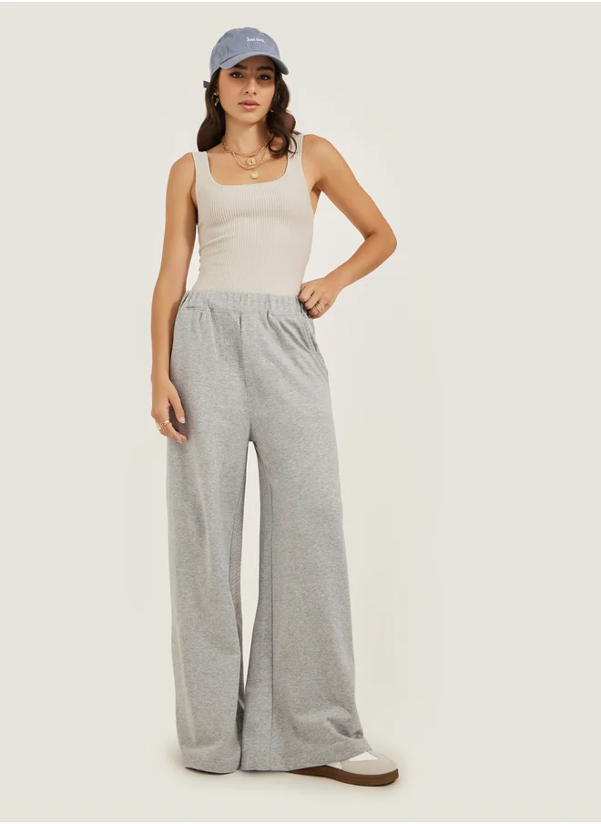 Styli Solid Elasticated Waistband Wide Leg Joggers with Pockets