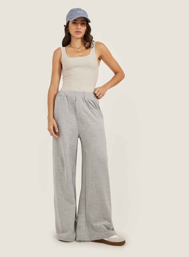 Styli Solid Elasticated Waistband Wide Leg Joggers with Pockets  - Image 1