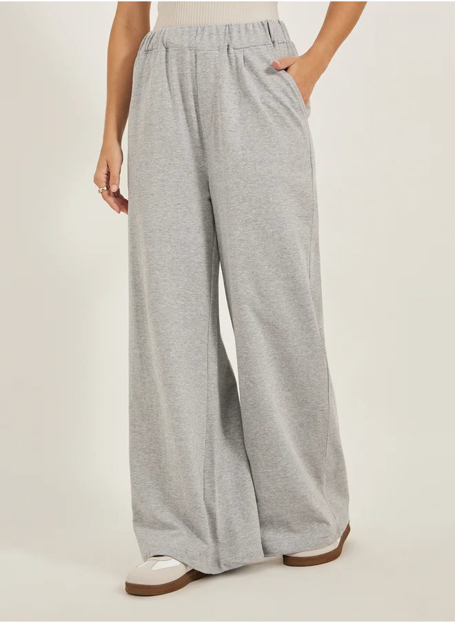 Styli Solid Elasticated Waistband Wide Leg Joggers with Pockets