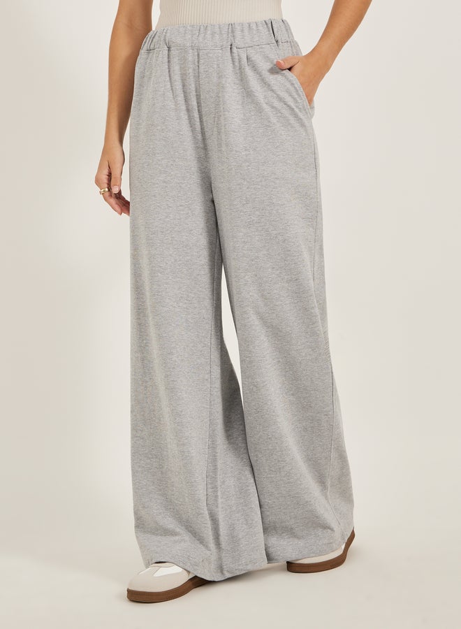 Styli Solid Elasticated Waistband Wide Leg Joggers with Pockets  - Image 2