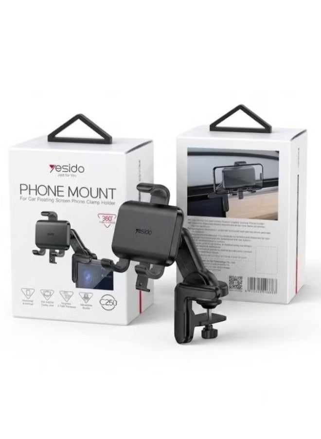 Yesido C250 Car Phone Mount Holder Black, Floating Screen Phone Clamp with 360° Rotation, Adjustable Universal Mobile Phone Stand for Dashboard, Windshield & Car Interior, Secure Hands-Free Viewing - Image 1