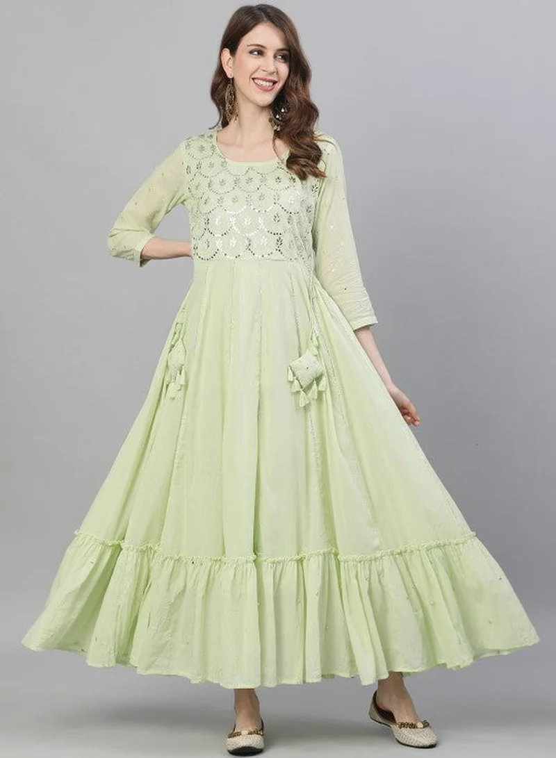 آي شين Women'S Green 100% Cotton Embellished Regular Fit Kurta