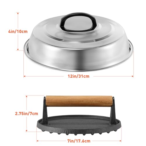 ZBXFCSH BBQ Accessories 12 Inch Round Stainless Steel Basting Cover - Cheese Melting Dome Round Cast Iron Grill Press Kit for Hamburger Bacon Steak, Best fits for Blackstone Camp Chef Flat Top Griddle Grill - Image 2