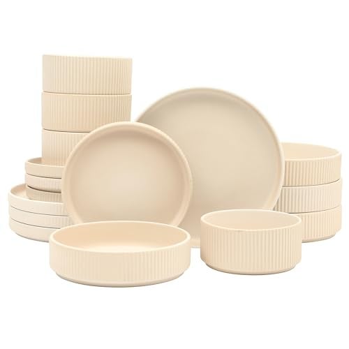 Gibson Elite Deerfield 16-Piece Stoneware Dinnerware Set – Cream White Reactive Glaze Plates and Bowls, Stackable Design, Service for 4 – Dishwasher & Microwave Safe - Image 1