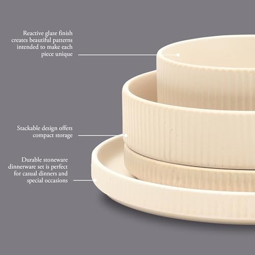 Gibson Elite Deerfield 16-Piece Stoneware Dinnerware Set – Cream White Reactive Glaze Plates and Bowls, Stackable Design, Service for 4 – Dishwasher & Microwave Safe - Image 3