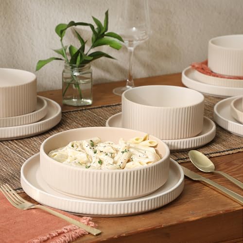 Gibson Elite Deerfield 16-Piece Stoneware Dinnerware Set – Cream White Reactive Glaze Plates and Bowls, Stackable Design, Service for 4 – Dishwasher & Microwave Safe - Image 5