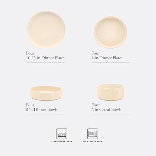 Gibson Elite Deerfield 16-Piece Stoneware Dinnerware Set – Cream White Reactive Glaze Plates and Bowls, Stackable Design, Service for 4 – Dishwasher & Microwave Safe - Image 2