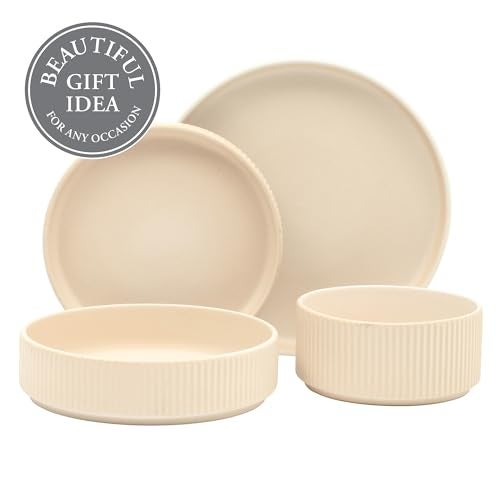 Gibson Elite Deerfield 16-Piece Stoneware Dinnerware Set – Cream White Reactive Glaze Plates and Bowls, Stackable Design, Service for 4 – Dishwasher & Microwave Safe - Image 4