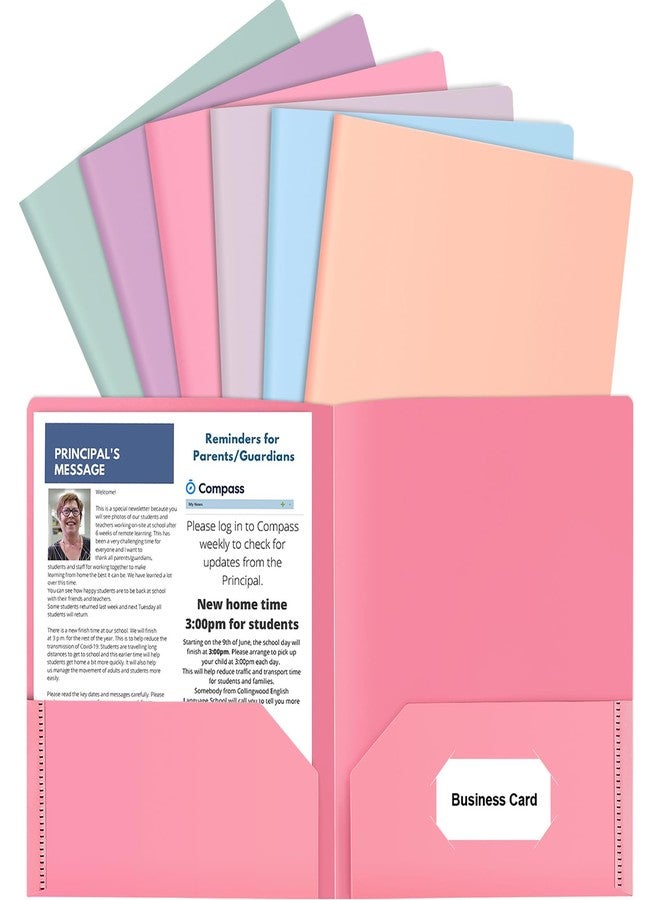 HABGP 6 Pack Colored File Folders with Pockets and Business Card Holder, Pastel Decorative Pocket Folders for Documents, Cute Plastic Folders for Filing Cabinet, School, Office, Resume Portfolio - Image 1