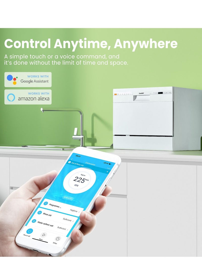 Comfee' - Dishwasher 6 Places Compact Dishwasher Tabletop with 7 Programe Super Quiet Rapid Wash ECO 70 C°Hygiene Wash, Flexible Installation Wift Function APP Control- White Visit the COMFEE' Store - Image 1
