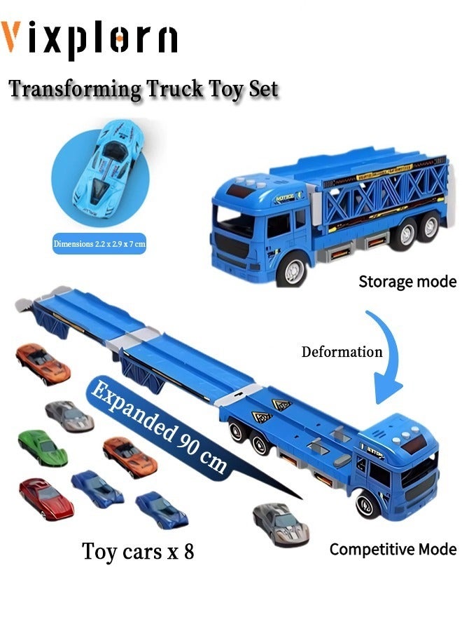 Vixplorn Children's racing car toys, children's racing toys, children's alloy transport truck toys, 90cm double track with catapult cars, 8 metal cars and foldable truck set, suitable for toddlers and girls aged 2-5 and up as a toy gift. - Image 1