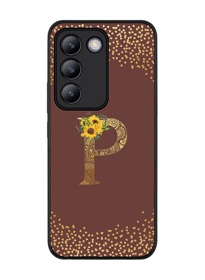 Stylizedd Rugged Black edge case for Vivo V30 Lite 5G, Flexible Cover -  Custom Monogram Initial Letter Mandala Floral Pattern Alphabet - P  (Brown ) - Image 1