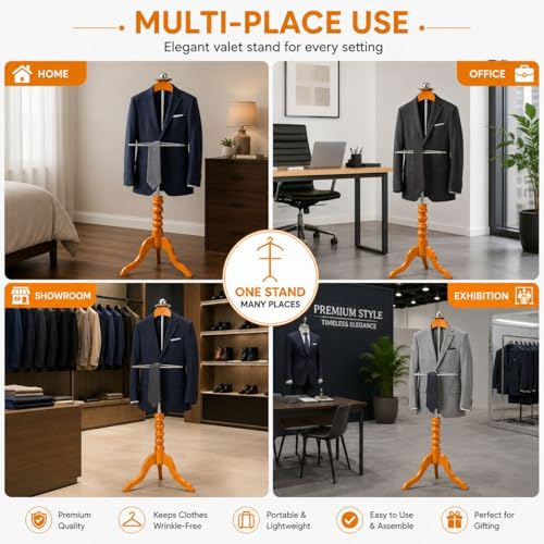 LOCOMOTO Wooden & Stainless Steel Coat Hanger Stand used in Home, Office & Showroom as Display Coat Stand (Teak Color. 45 Inch Height) - Image 5