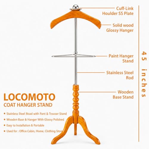 LOCOMOTO Wooden & Stainless Steel Coat Hanger Stand used in Home, Office & Showroom as Display Coat Stand (Teak Color. 45 Inch Height) - Image 3