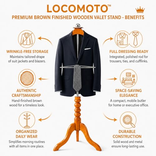 LOCOMOTO Wooden & Stainless Steel Coat Hanger Stand used in Home, Office & Showroom as Display Coat Stand (Teak Color. 45 Inch Height) - Image 4