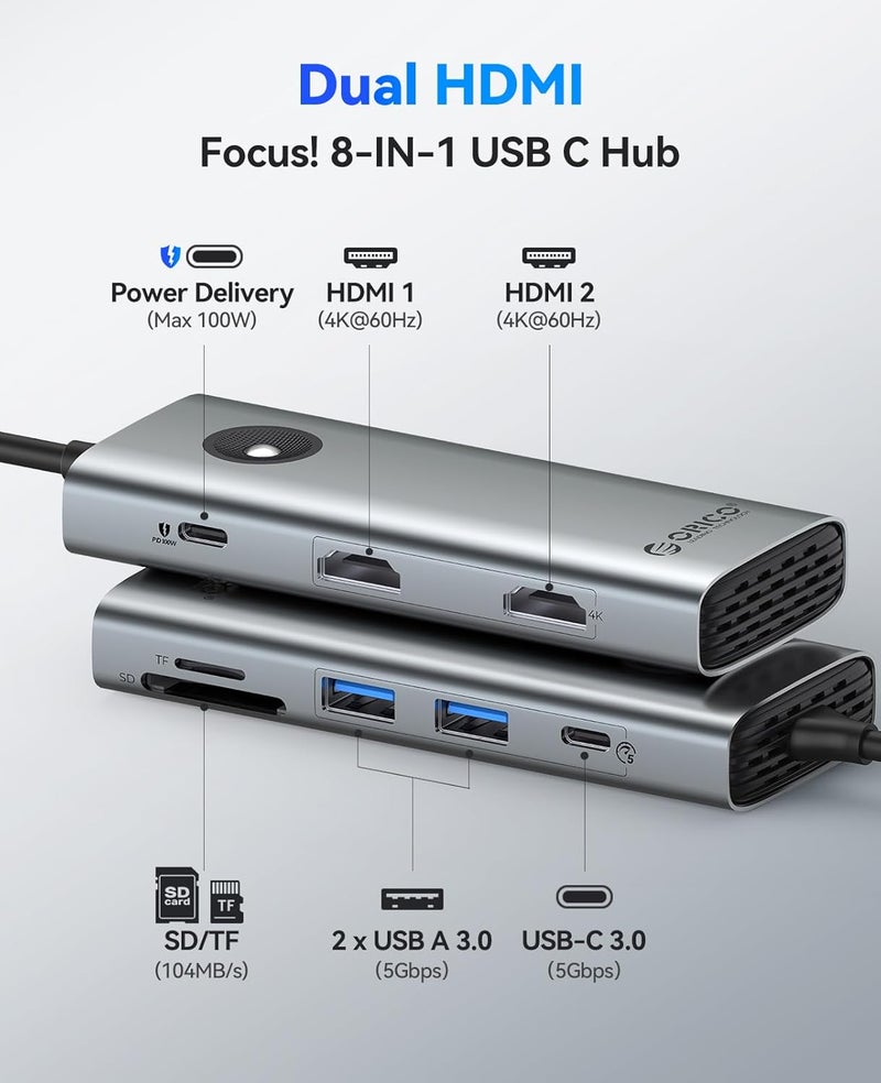 Orico USB C Docking Station Dual Monitor, 8-in-1 USB C Hub with 2 HDMI 4K@60Hz Ports, 100W PD Charging, USB-A&C 3.0, SD/TF for Laptop MacBook Dell PW11-8PH - Image 2