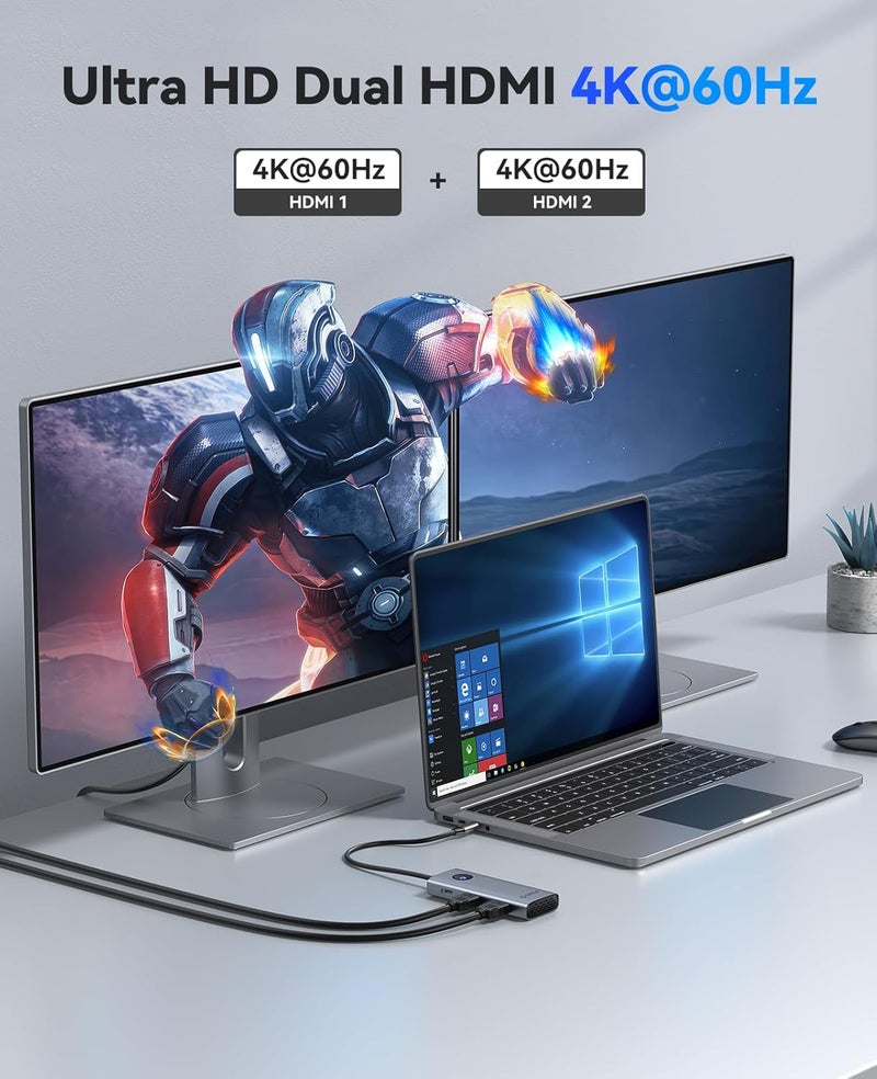 Orico USB C Docking Station Dual Monitor, 8-in-1 USB C Hub with 2 HDMI 4K@60Hz Ports, 100W PD Charging, USB-A&C 3.0, SD/TF for Laptop MacBook Dell PW11-8PH - Image 3