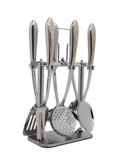Squalo 7-Piece Stainless Steel Serving Spoon Set with Silver Holder and Gold Embossing  - Image 1