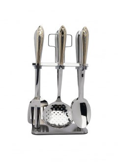Squalo 7-Piece Stainless Steel Serving Spoon Set with Silver Holder and Gold Embossing  - Image 2