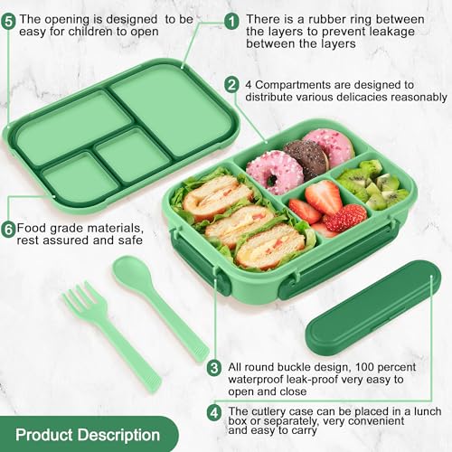 Amathley Lunch Box Kids,Bento Box Adult,Leakproof Lunch Containers for Adults/Kids/Toddler,1200ML-4 Compartments bento Lunch box with Utensil,Microwave & Dishwasher & Freezer Safe (Cyan) - Image 3