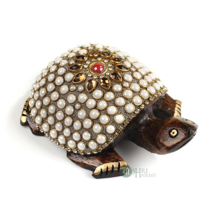 SANDECO 4 Wooden Handcrafted Feng Shui Tortoise with Cutting Stone Work Good Luck Kachhua Spiritual Auspicious Handmade Decorative Showpiece - Image 3