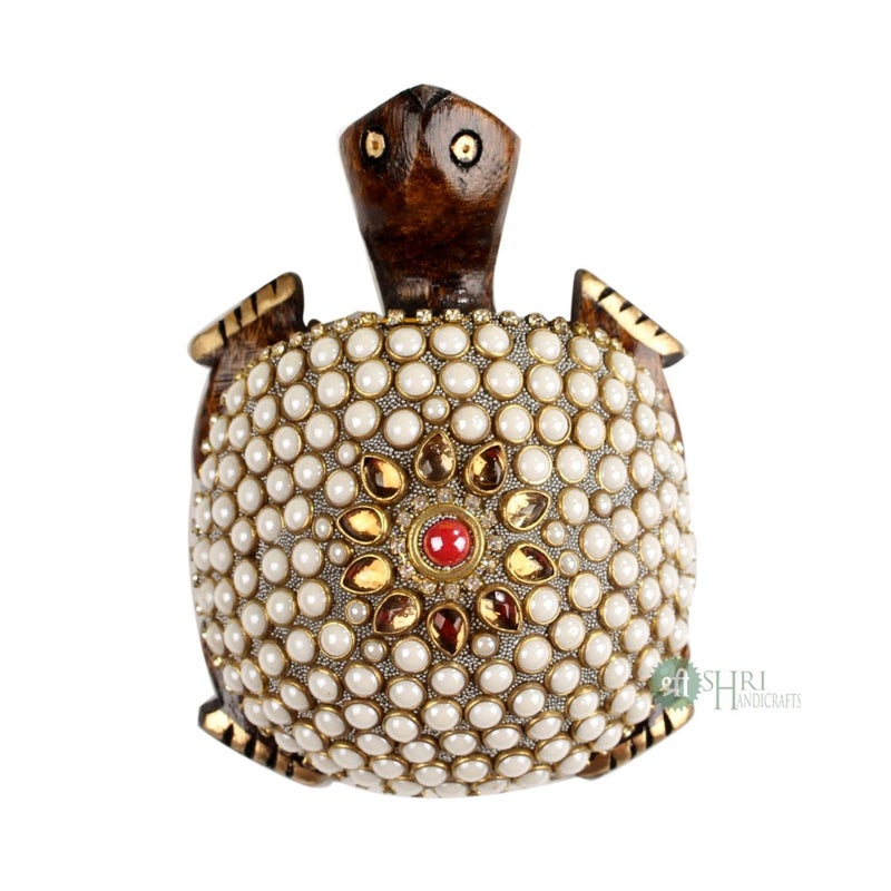 SANDECO 4 Wooden Handcrafted Feng Shui Tortoise with Cutting Stone Work Good Luck Kachhua Spiritual Auspicious Handmade Decorative Showpiece - Image 2