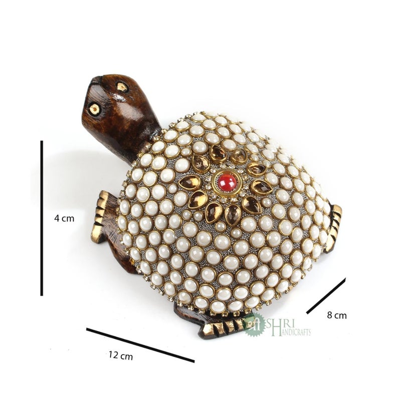 SANDECO 4 Wooden Handcrafted Feng Shui Tortoise with Cutting Stone Work Good Luck Kachhua Spiritual Auspicious Handmade Decorative Showpiece - Image 4