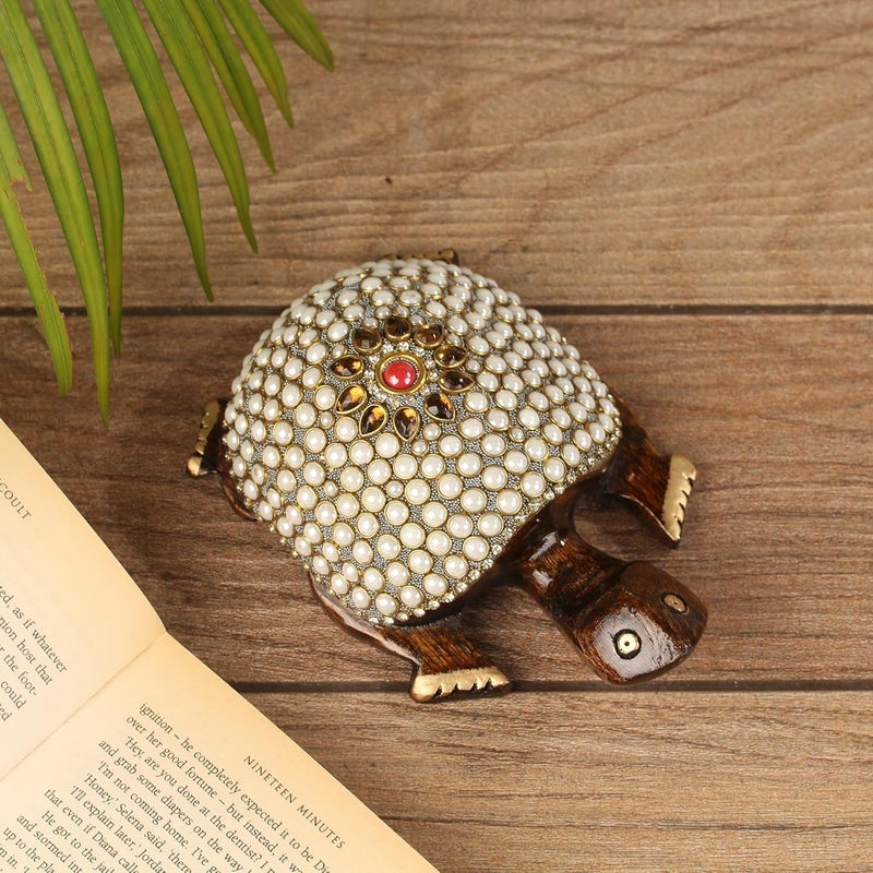 SANDECO 4 Wooden Handcrafted Feng Shui Tortoise with Cutting Stone Work Good Luck Kachhua Spiritual Auspicious Handmade Decorative Showpiece - Image 1