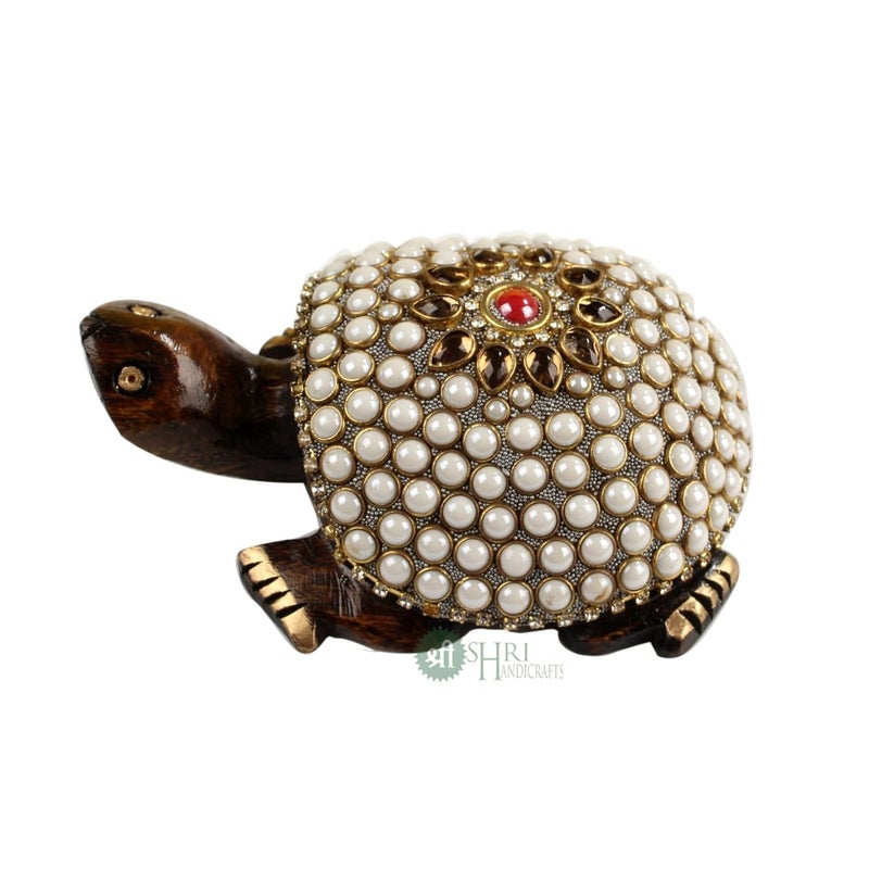 SANDECO 4 Wooden Handcrafted Feng Shui Tortoise with Cutting Stone Work Good Luck Kachhua Spiritual Auspicious Handmade Decorative Showpiece - Image 5