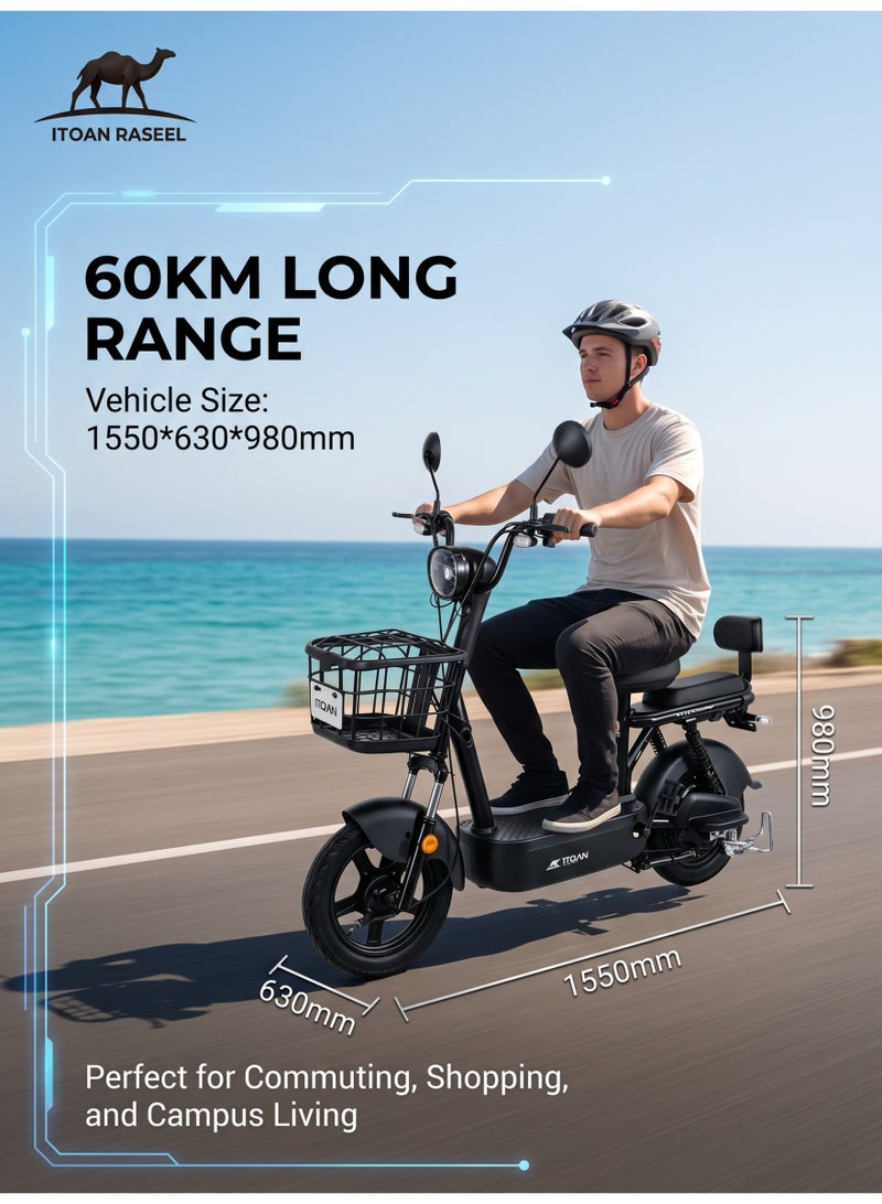ITQAN RASEEL Two Seater  E scooter、E-Bicycle, 150kg Max Load Rear Shock Absorber With Front Basket PU Soft Seat Matte Black Compact E Scooter Bike for Riyadh Jeddah Daily City Commute - Image 4