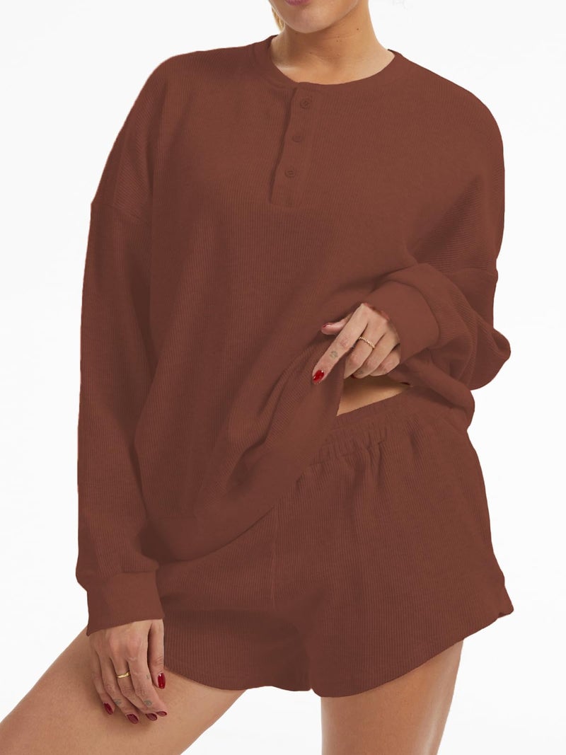 AnotherChill Women's Oversized Waffle Knit Lounge Set Long Sleeve Sweatshirt and High Waisted Shorts 2 Piece Casual Outfit (Brown, Small) - Image 2