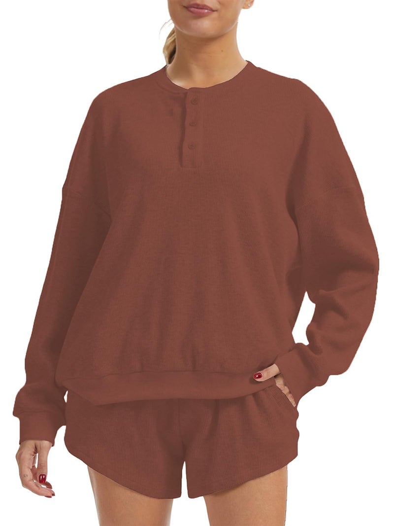 AnotherChill Women's Oversized Waffle Knit Lounge Set Long Sleeve Sweatshirt and High Waisted Shorts 2 Piece Casual Outfit (Brown, Small) - Image 1