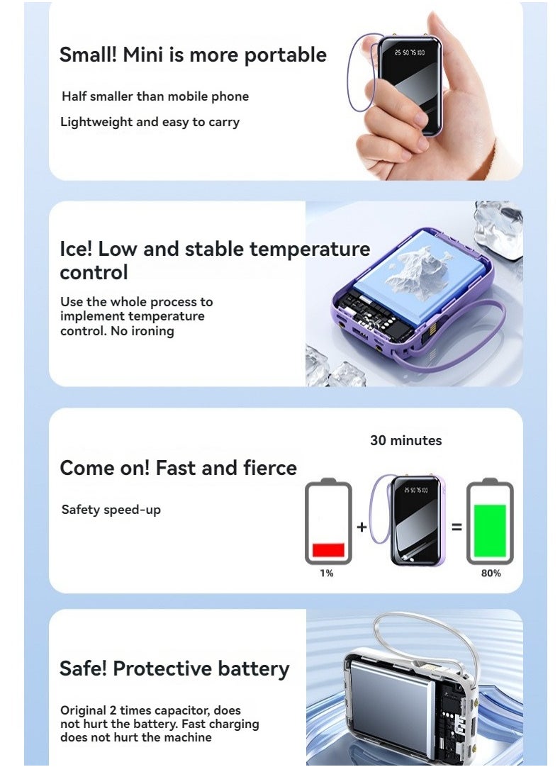 New built-in fast charging power bank 20000 mAh large capacity compact portable mirror power bank (black)
