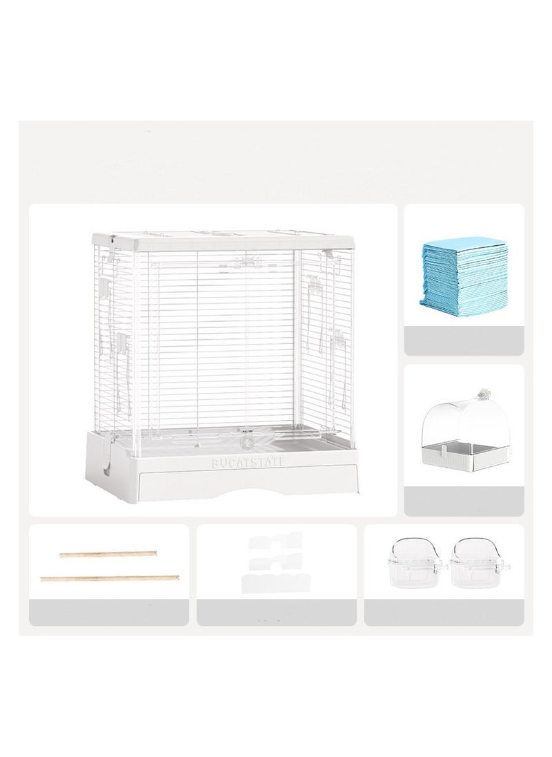 Hi Pets Supplies Luxury Acrylic Bird Cage with Double Doors – Perching Sticks, Food Containers, 16 Free Pads, Bird Bathroom & Leather Cover – Rust-Proof, Removable Tray – Ideal for Parakeets, Lovebirds & Budgies  - Image 5