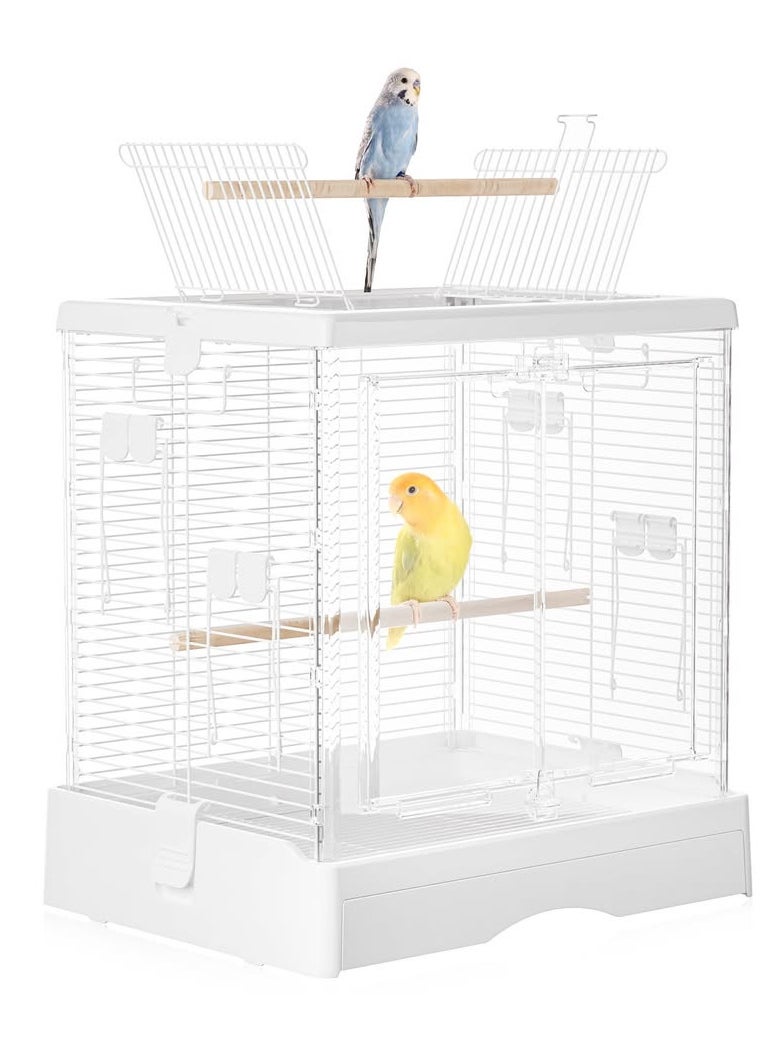 Hi Pets Supplies Luxury Acrylic Bird Cage with Double Doors – Perching Sticks, Food Containers, 16 Free Pads, Bird Bathroom & Leather Cover – Rust-Proof, Removable Tray – Ideal for Parakeets, Lovebirds & Budgies  - Image 2